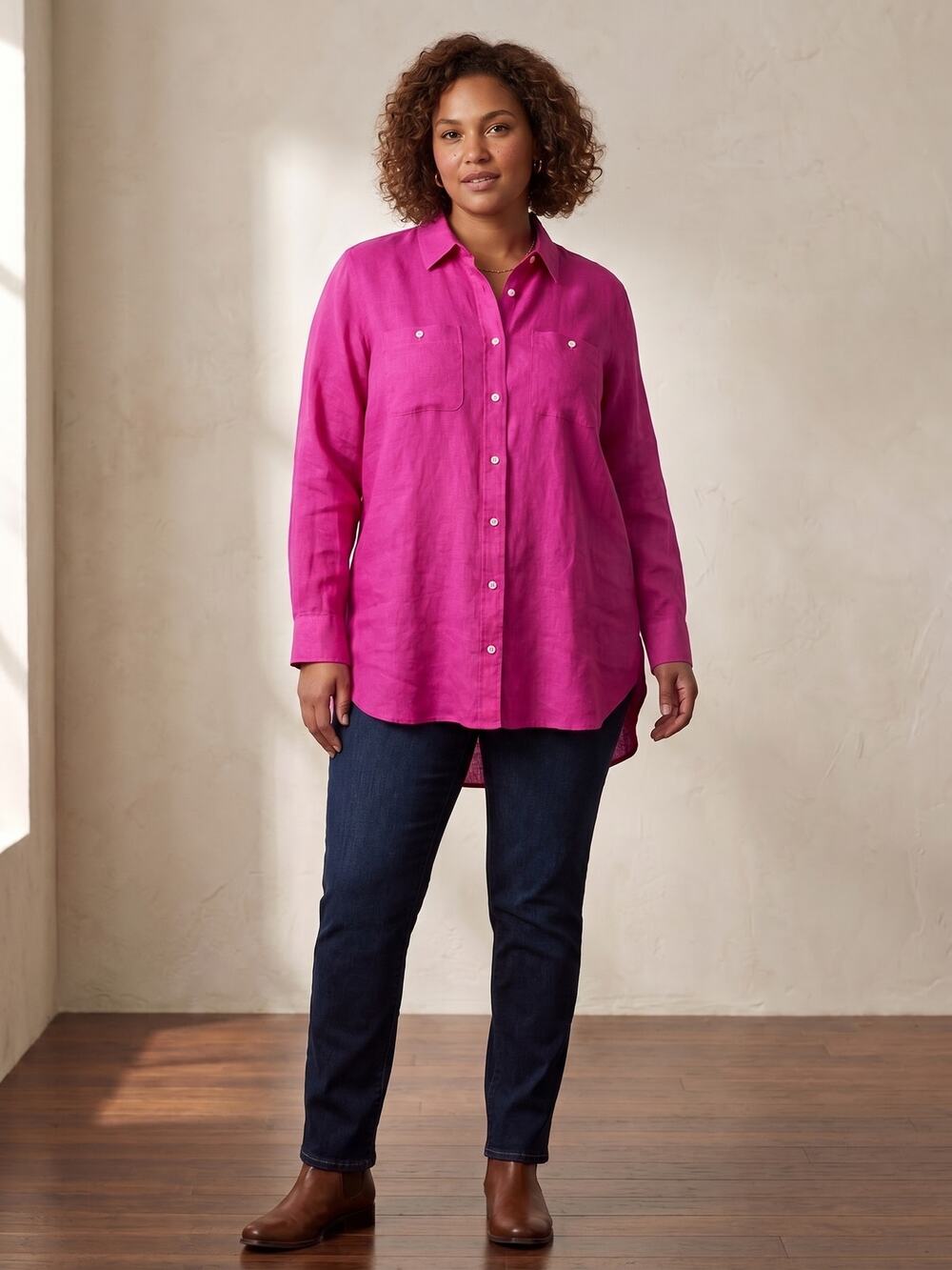 Lauren Ralph Lauren Hot Pink 100% Linen Button Down Shirt Womens XL Pocket Tunic
